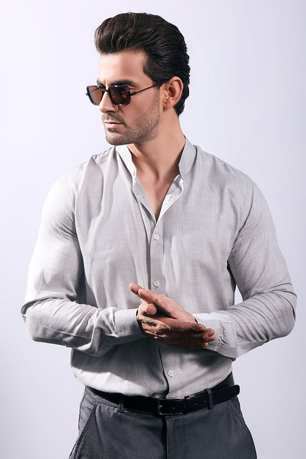 Grey Linen With Stand-Up Collar Shirt