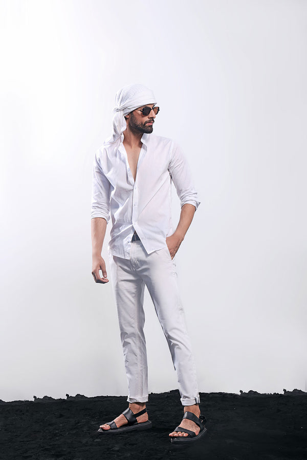 White Linen With Stand-Up Collar Shirt