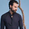 Navy Blue Linen Blend Stand-Up Collar Shirt