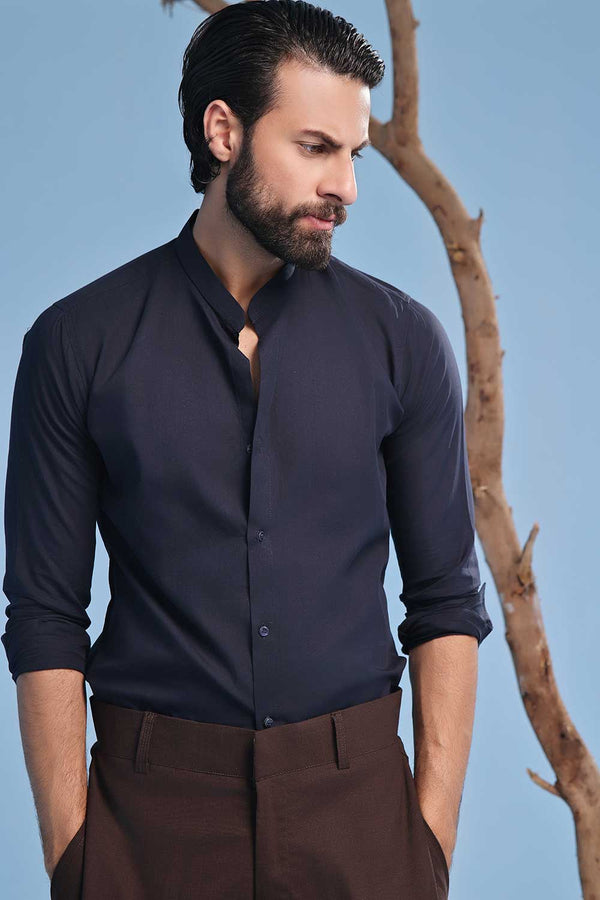 Navy Blue Linen Blend Stand-Up Collar Shirt