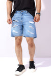 Top Stitched Light Blue Ripped Denim Shorts