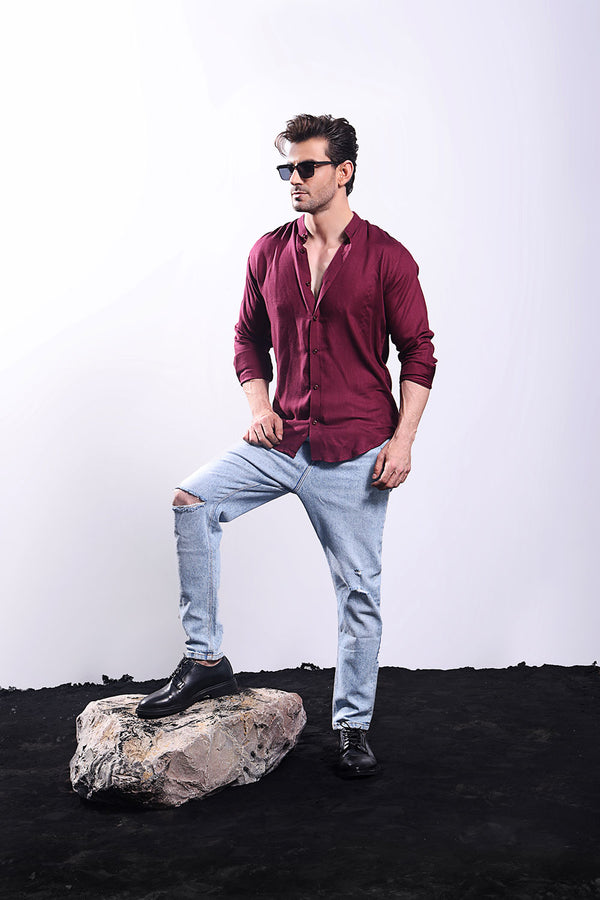 Maroon Linen With Stand-Up Collar Shirt