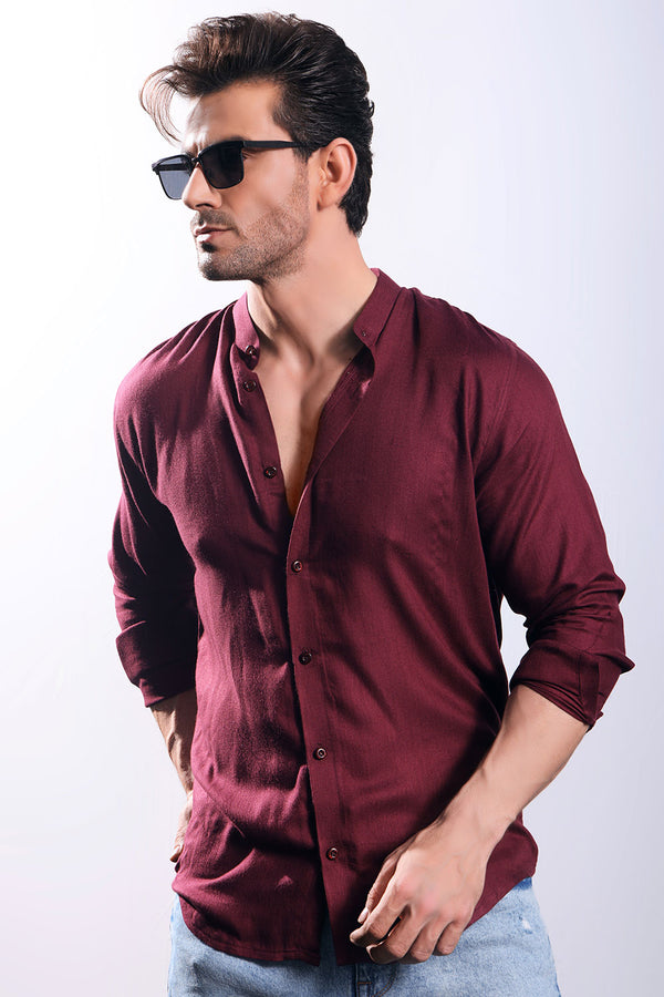 Maroon Linen With Stand-Up Collar Shirt
