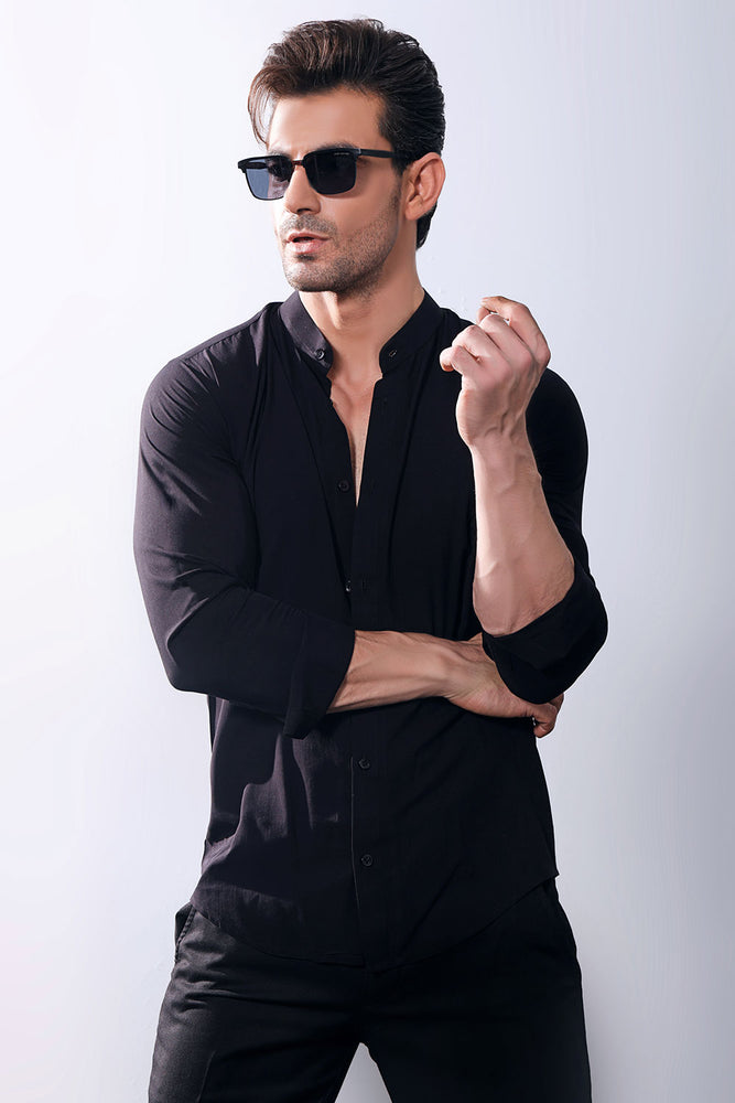 Black Linen With Stand-Up Collar Shirt