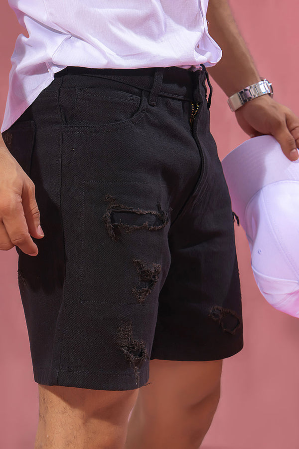 Top Stitched Black Ripped Denim Shorts