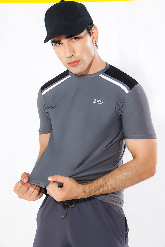 ZED Grey Active Stripe Performance Training T-shirt