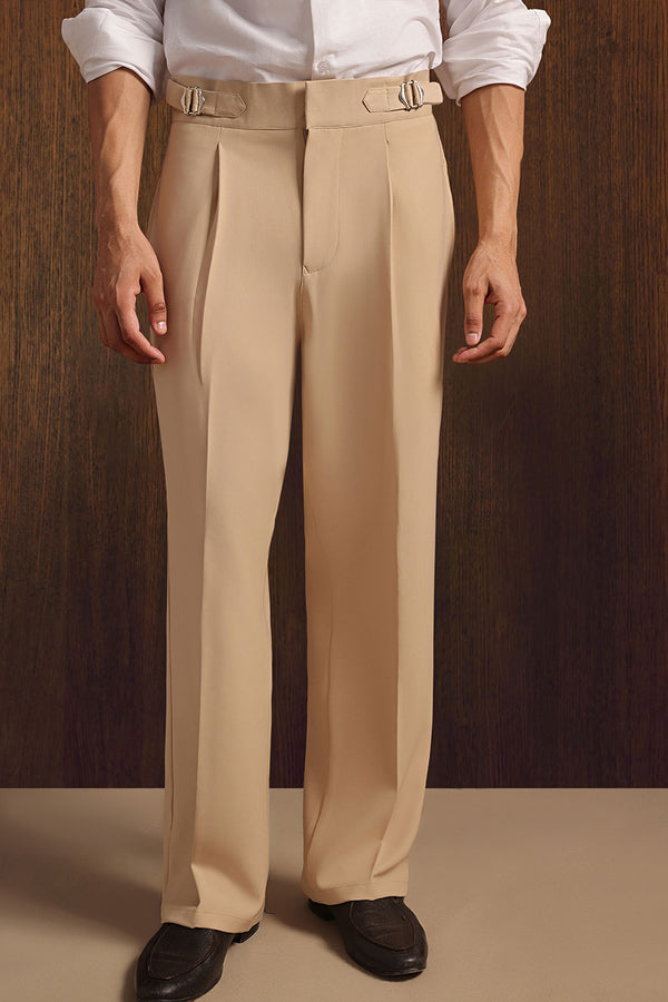 Beige Viscose Lux Wide-Leg Trouser with Front Buckle
