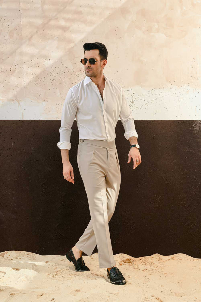 Beige Straight Fit Side Tab Trousers