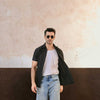 Black Plisse Half Button Down Shirt
