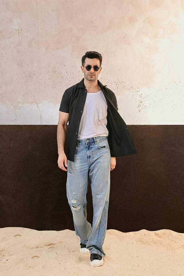 Black Plisse Half Button Down Shirt