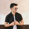Black Plisse Half Button Down Shirt