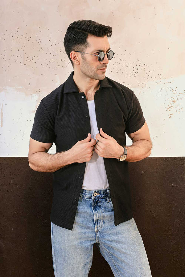 Black Plisse Half Button Down Shirt