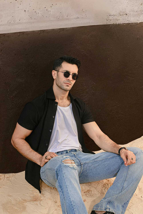 Black Plisse Half Button Down Shirt