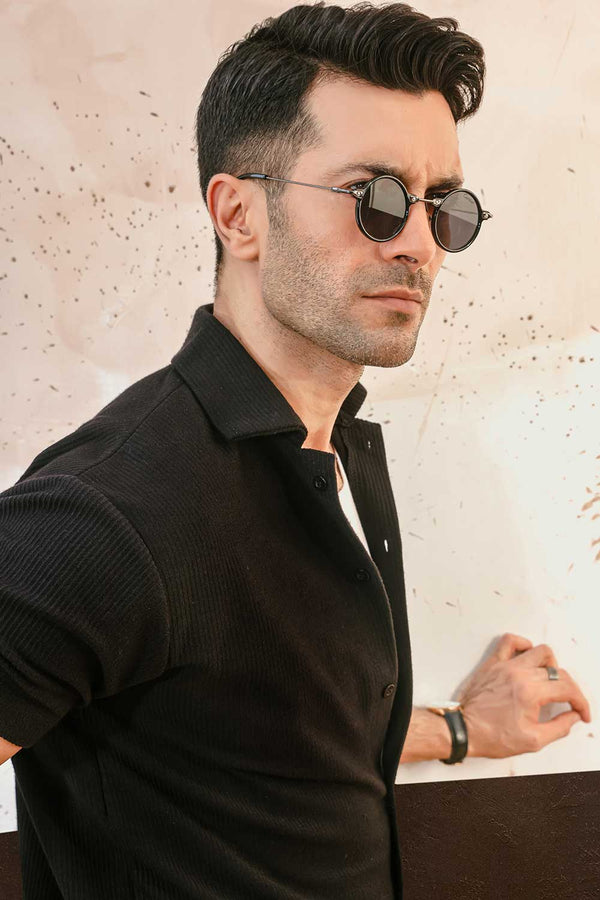 Black Plisse Half Button Down Shirt