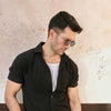 Black Plisse Half Button Down Shirt
