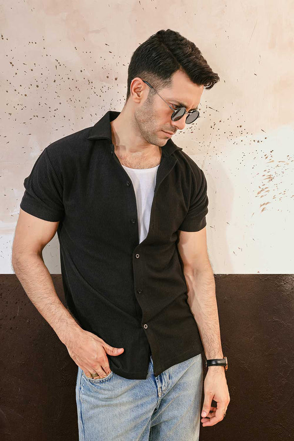Black Plisse Half Button Down Shirt