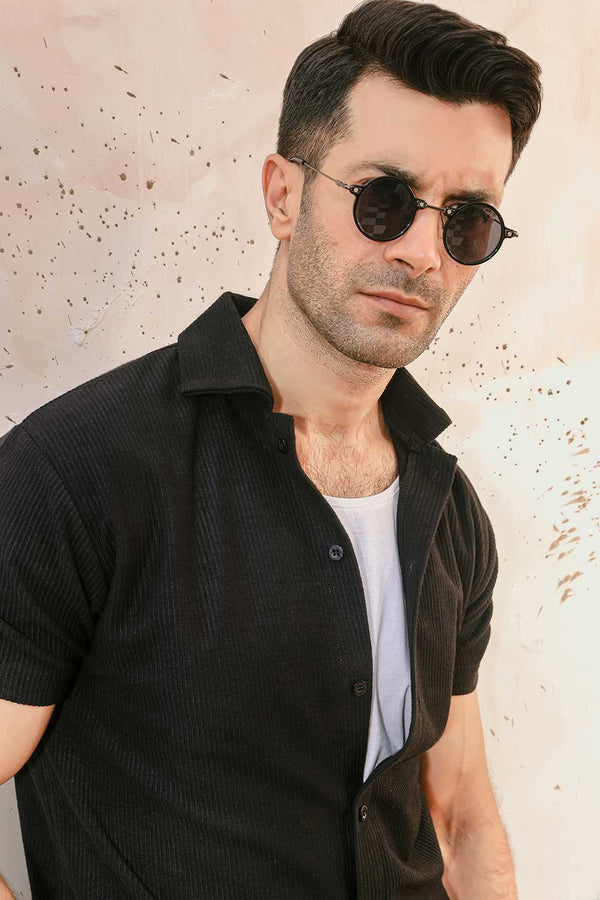 Black Plisse Half Button Down Shirt