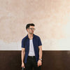 Navy Blue Plisse Half Button Down Shirt