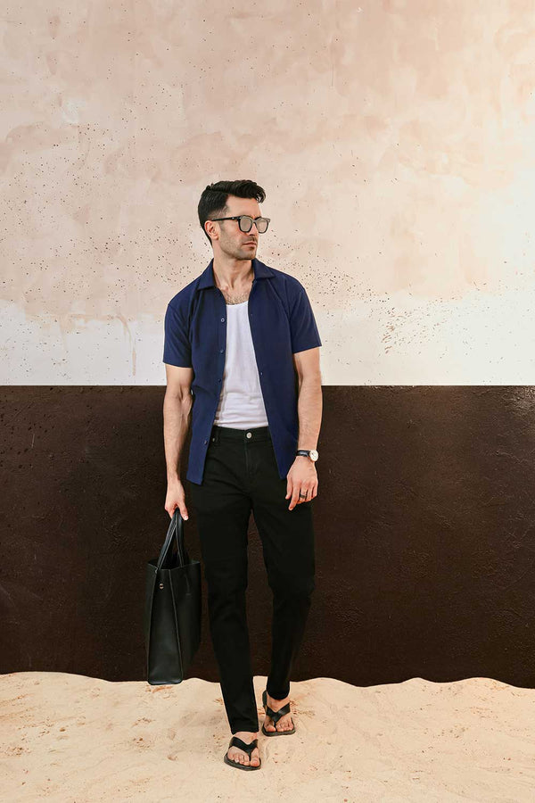 Navy Blue Plisse Half Button Down Shirt