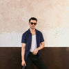Navy Blue Plisse Half Button Down Shirt