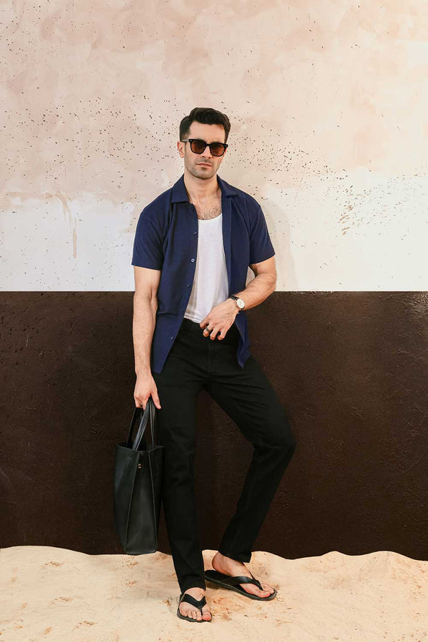 Navy Blue Plisse Half Button Down Shirt