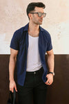 Navy Blue Plisse Half Button Down Shirt