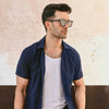 Navy Blue Plisse Half Button Down Shirt