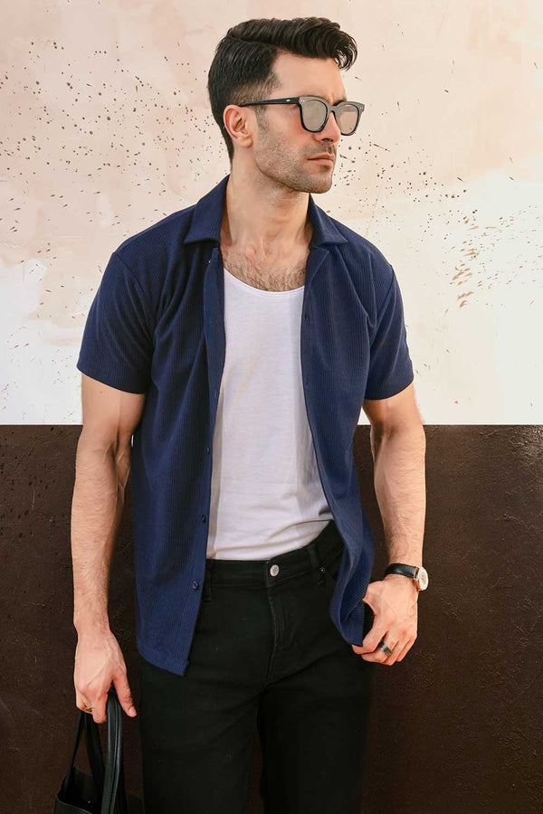 Navy Blue Plisse Half Button Down Shirt