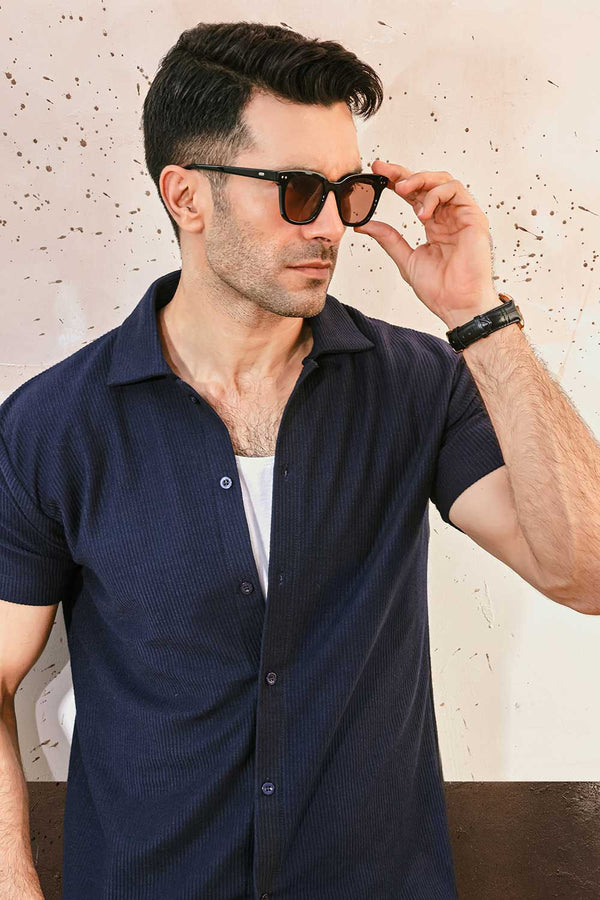 Navy Blue Plisse Half Button Down Shirt