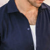 Navy Blue Plisse Half Button Down Shirt