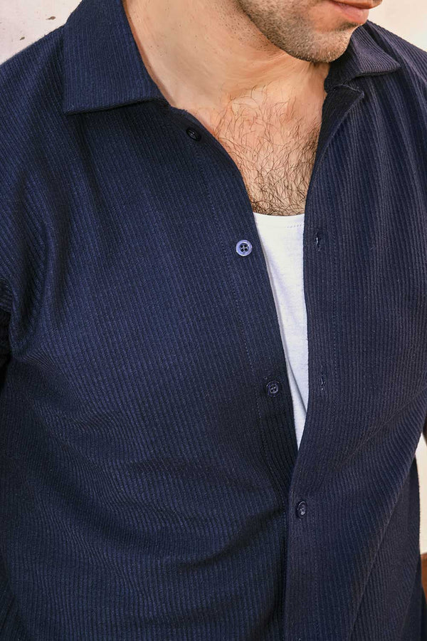 Navy Blue Plisse Half Button Down Shirt