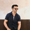 Navy Blue Plisse Half Button Down Shirt
