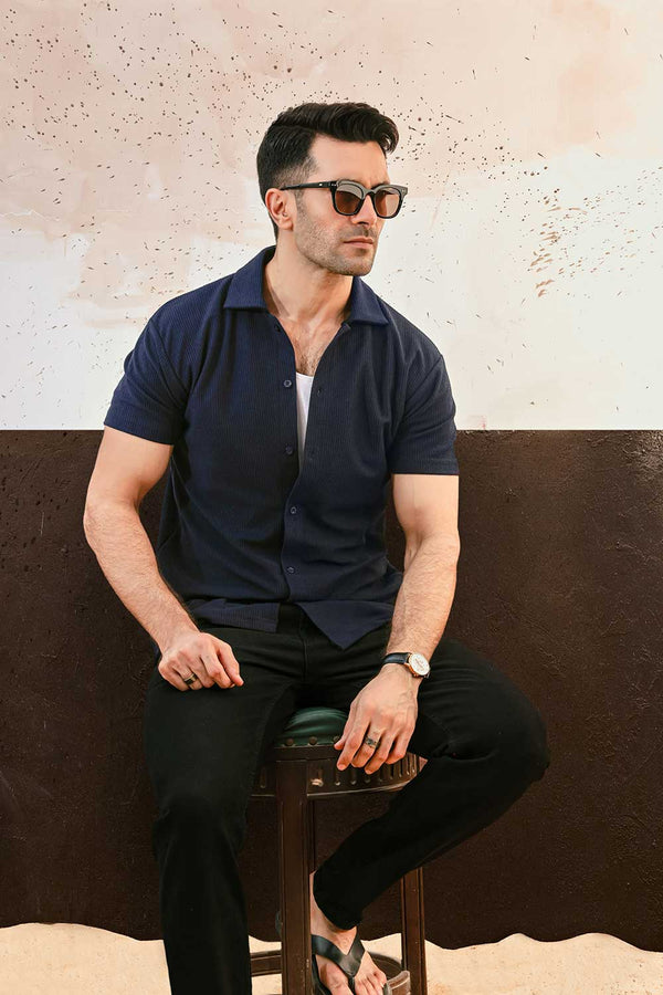 Navy Blue Plisse Half Button Down Shirt
