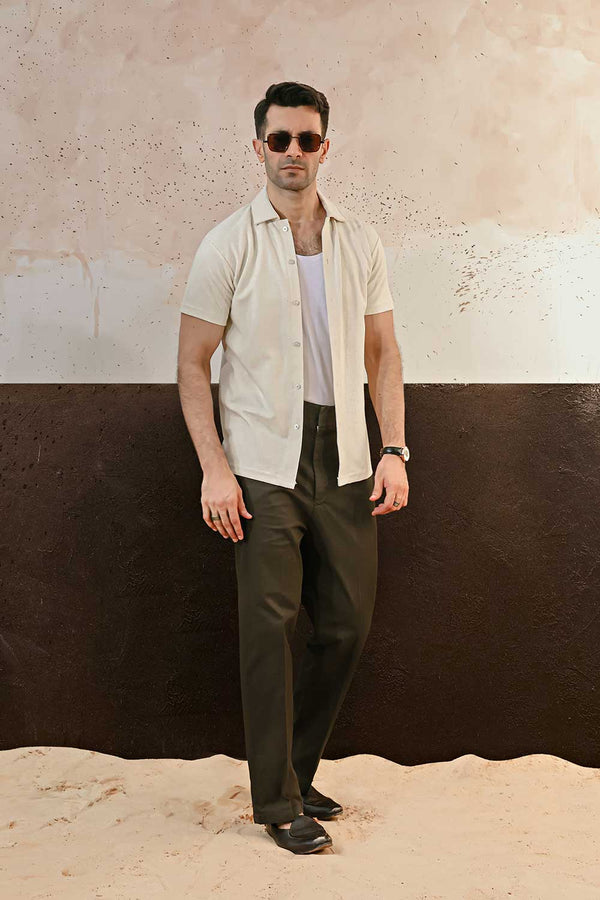 Cream Plisse Half Button Down Shirt