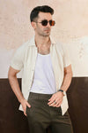 Cream Plisse Half Button Down Shirt