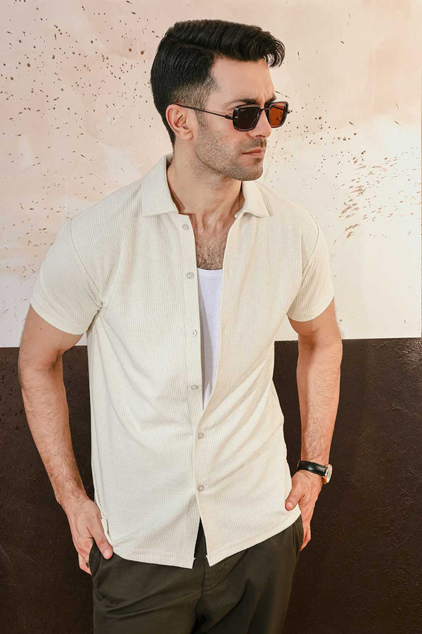 Cream Plisse Half Button Down Shirt