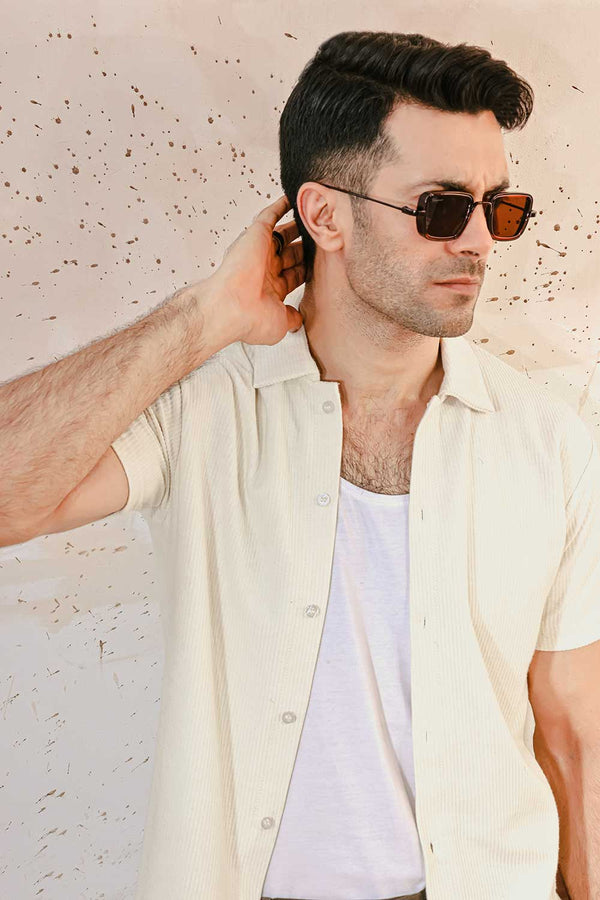 Cream Plisse Half Button Down Shirt