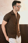 Khaki Green Plisse Half Button Down Shirt