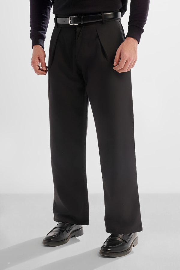 Black Cross Pleated Wide Leg Trousers