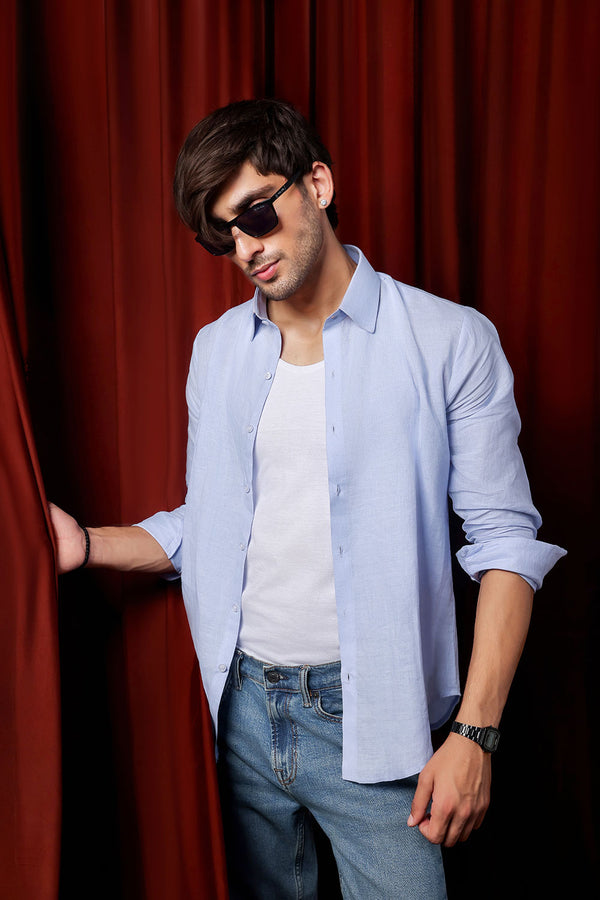 Light Blue Relaxed Linen Shirt With Cutaway Collar