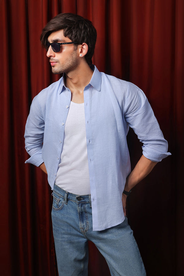 Light Blue Relaxed Linen Shirt With Cutaway Collar