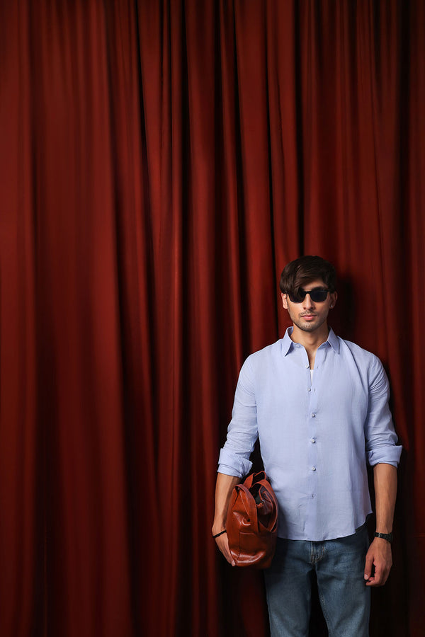 Light Blue Relaxed Linen Shirt With Cutaway Collar