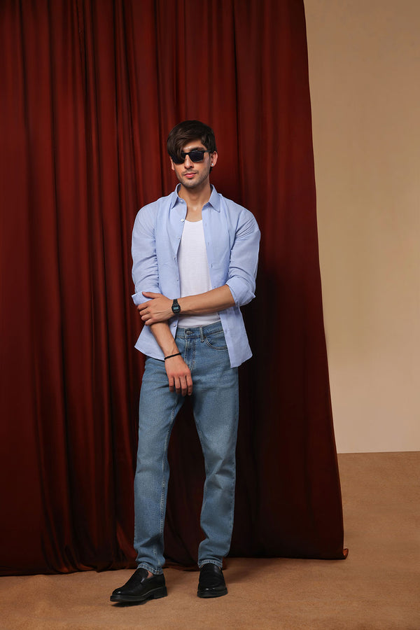Light Blue Relaxed Linen Shirt With Cutaway Collar