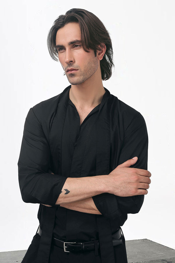 Black Flowing Shirt With Tie Detail