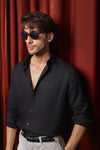 Black Relaxed Linen Shirt With Cutaway Collar