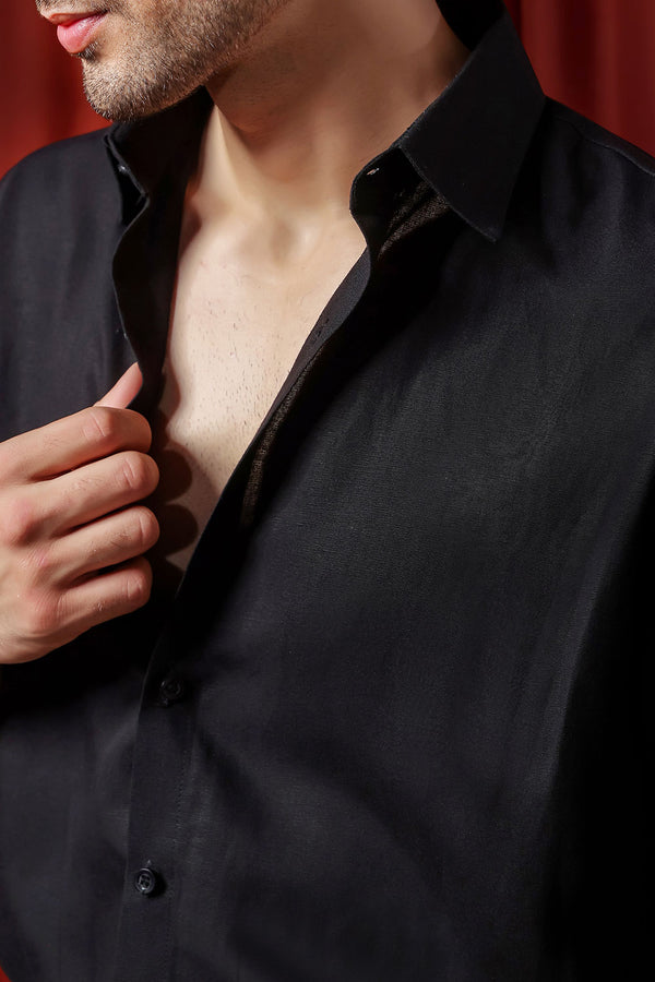 Black Relaxed Linen Shirt With Cutaway Collar