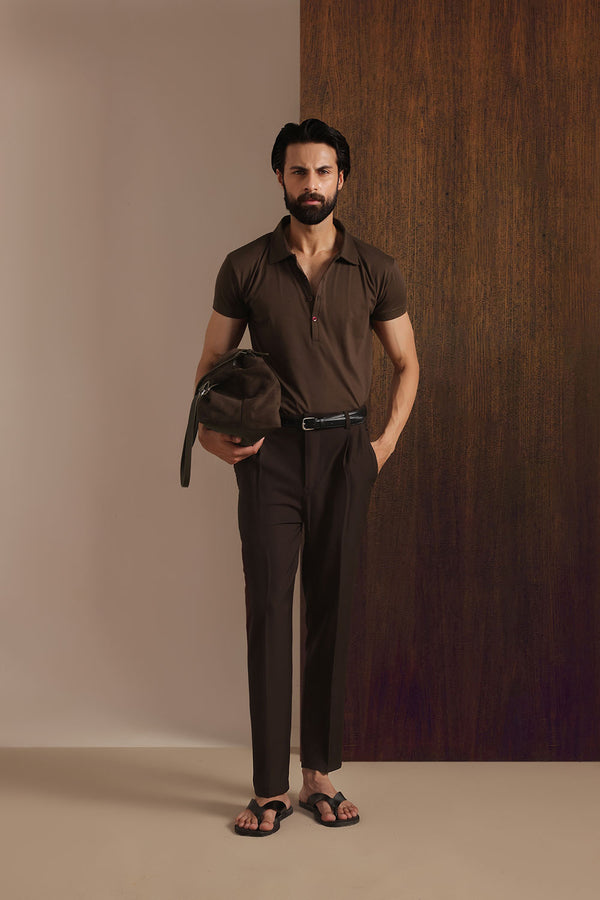 Brown Jersey Long Placket Polo