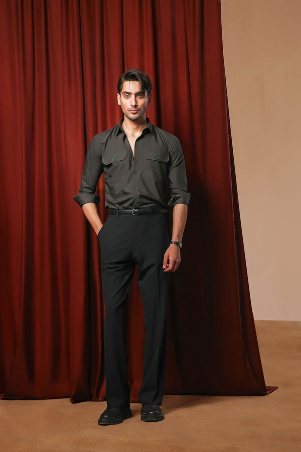 Green Cotton Dress Shirt With Chest Pockets