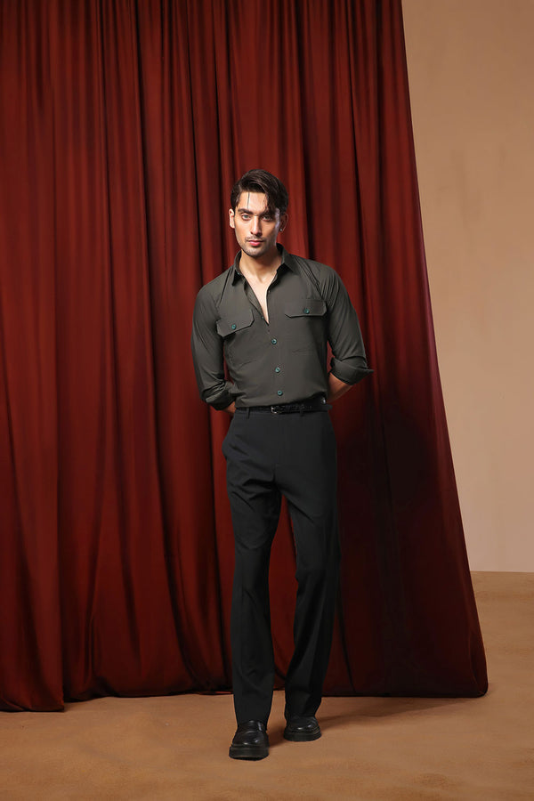 Green Cotton Dress Shirt With Chest Pockets