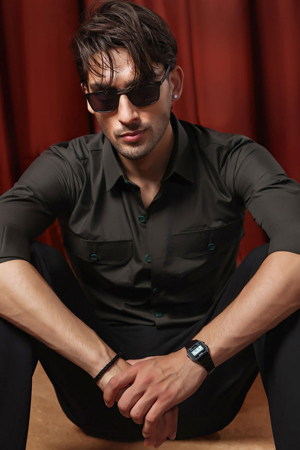 Green Cotton Dress Shirt With Chest Pockets